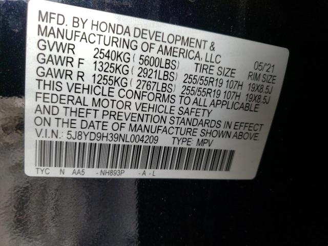 2022 Acura MDX, VIN 5J8YD9H39NL004209, JAV aukciono nuotrauka 10