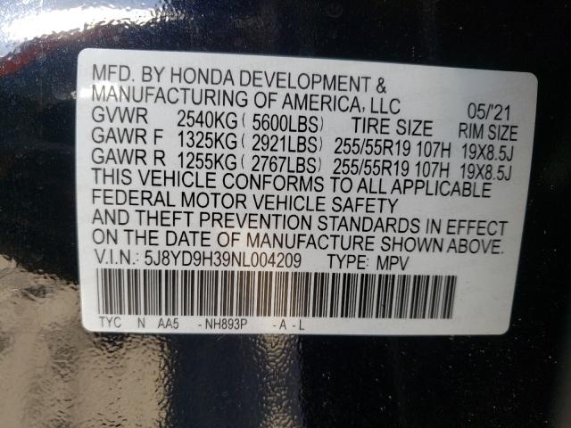 2022 Acura MDX, VIN 5J8YD9H39NL004209, JAV aukciono nuotrauka 20