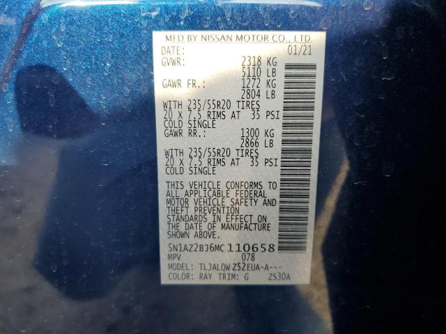 2021 Nissan MURANO SV, VIN 5N1AZ2BJ6MC110658, JAV aukciono nuotrauka 13