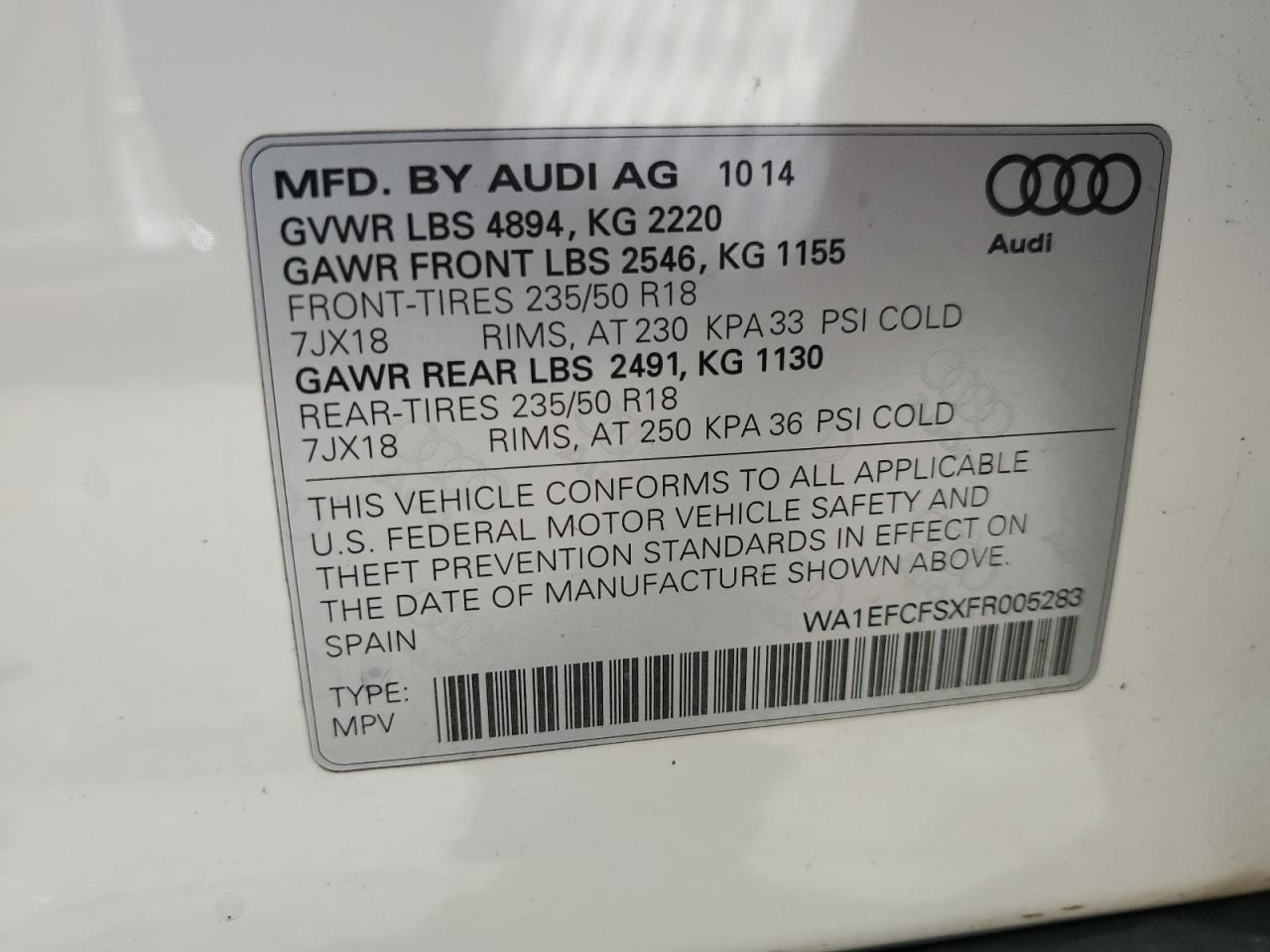 2015 Audi Q3 PREMIUM, VIN WA1EFCFSXFR005283, JAV aukciono nuotrauka 13