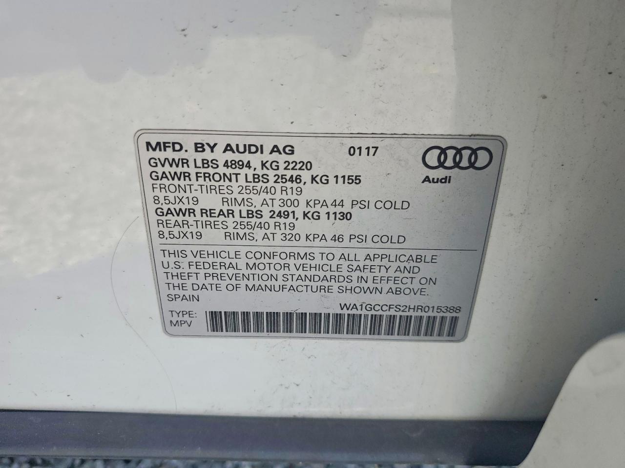 2017 Audi Q3, VIN WA1GCCFS2HR015388, JAV aukciono nuotrauka 13