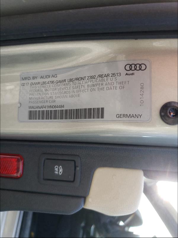 2017 Audi A4 PREMIUM, VIN WAUANAF41HN064484, JAV aukciono nuotrauka 10