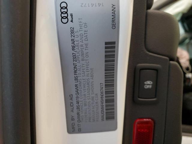 2017 Audi A4 ULTRA P, VIN WAUGMAF45HN067417, JAV aukciono nuotrauka 13